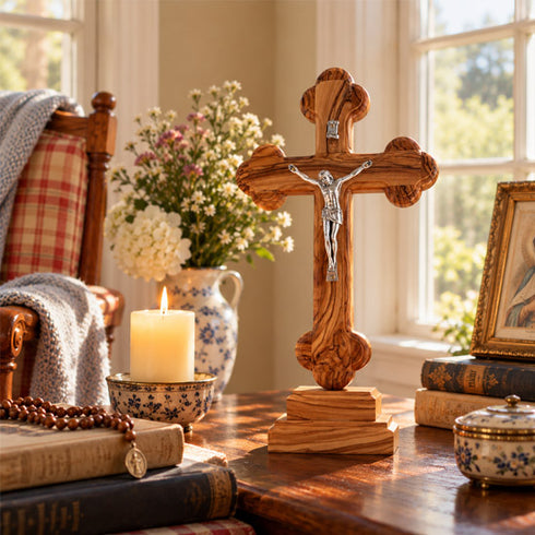 Bethlehem olive wood budded standing crucifix in a hallway