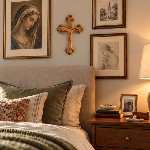 Bethlehem olive wood budded wall cross displayed in a bedroom