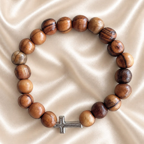 Olive wood rosary-style bead bracelet with metal cross clasp