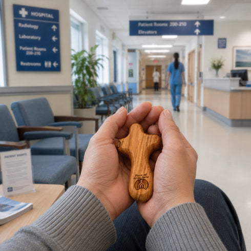 Hand holding a comfort cross in a hospital waiting room