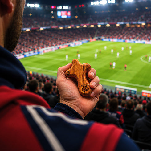 Person holding a comfort cross at a soccer stadium