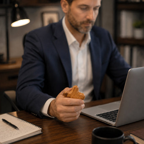 Man in a suit holding a comfort cross in front of a laptop at a desk.