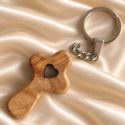 Olive Wood Comfort Cross Keychain with Heart