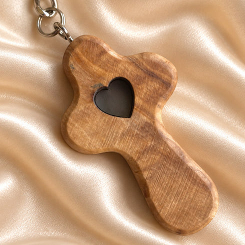 Olive Wood Comfort Cross Keychain with Heart