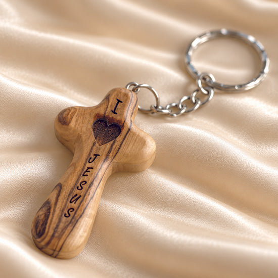 Olive Wood Comfort Cross Keychain – I Love Jesus