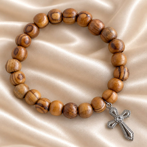 Olive Wood Christian Bracelet with Decorative Cross Charm