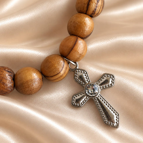 Olive Wood Christian Bracelet with Decorative Cross Charm