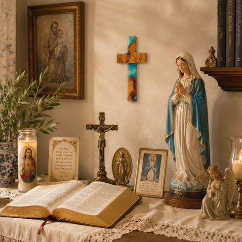 Religious altar with open Bible, statue of Mary, crucifix, and other religious items.