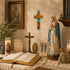 Religious altar with open Bible, statue of Mary, crucifix, and other religious items.