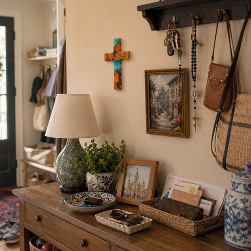 Nook with wooden dresser, lamp, cross, and various items on a wall.