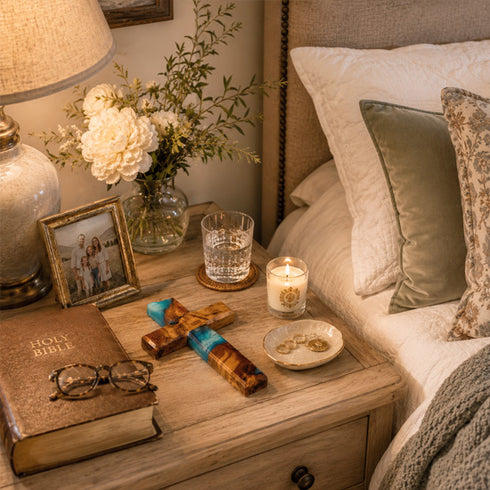 Nightstand with a Bible, cross, glasses, and candle next to a bed.