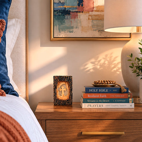 Nighstand with books and decorative items in a bedroom setting