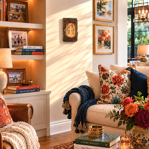 Cozy living room with a beige sofa, floral pillows, and decorative books.