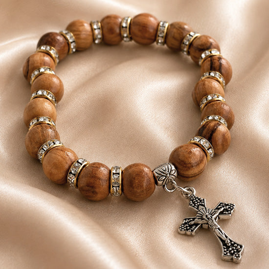 Olive Wood Bracelet with Crystal Spacers & Engraved Crucifix
