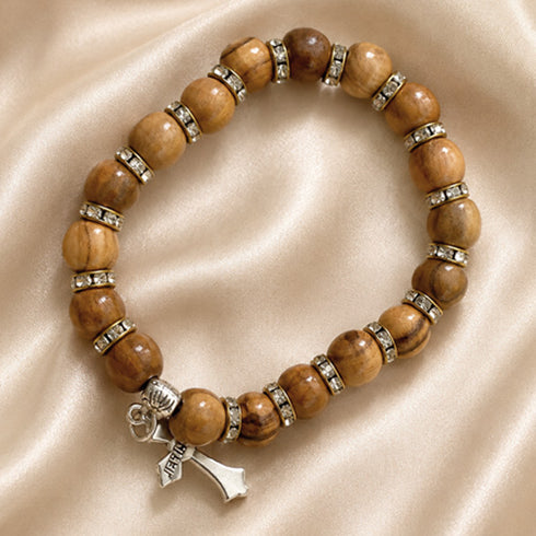 Olive Wood Bracelet with Crystal Spacers & Engraved Crucifix