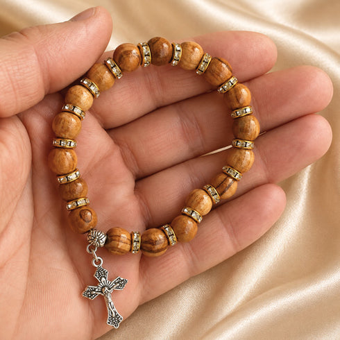 Olive Wood Bracelet with Crystal Spacers & Engraved Crucifix