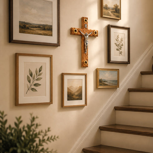 Wall with framed pictures and a wooden cross above a staircase