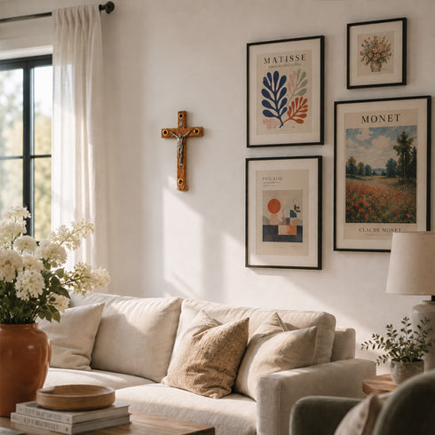 Living room with a beige sofa, framed art on the wall, and a cross.