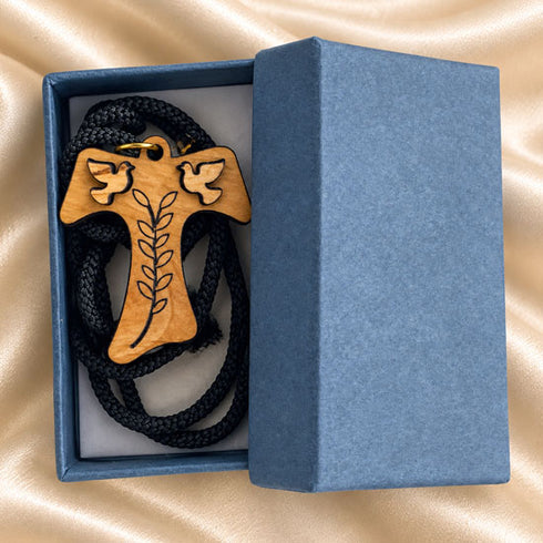 Olive Wood Tau Cross Necklace with Doves & Olive Branch