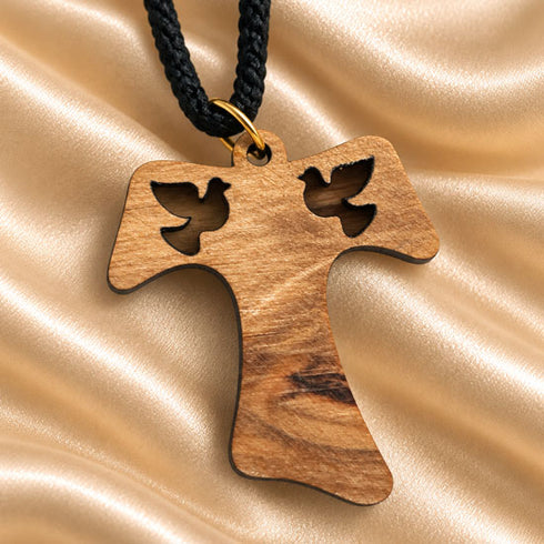 Olive Wood Tau Cross Necklace with Doves & Olive Branch