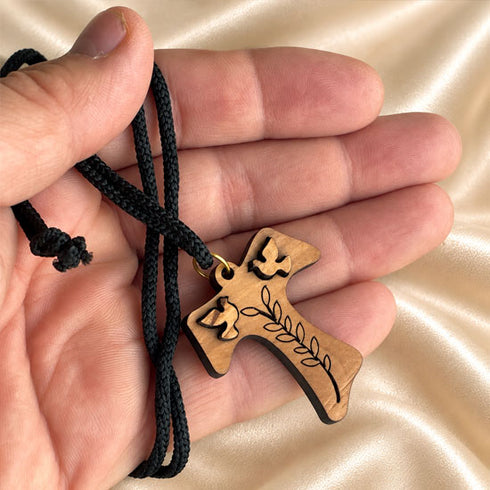 Olive Wood Tau Cross Necklace with Doves & Olive Branch