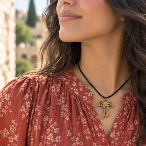 Olive Wood Tau Cross Necklace with Doves & Olive Branch