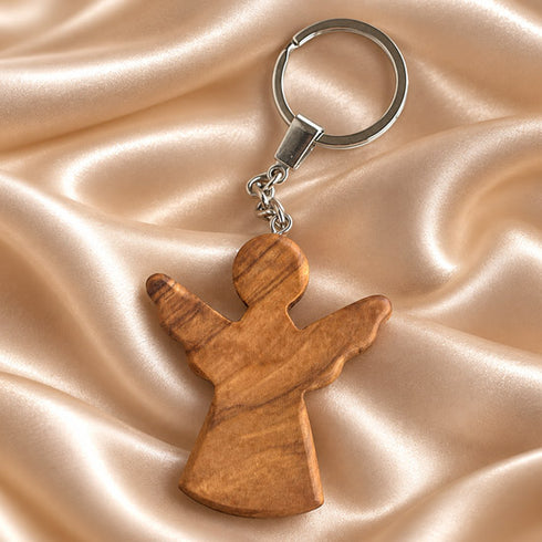 Handcrafted Olive Wood Guardian Angel Keychain from Bethlehem