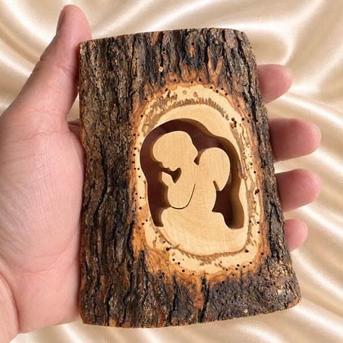 Bethlehem Olive Wood Guardian Angel Plaque in Natural Bark