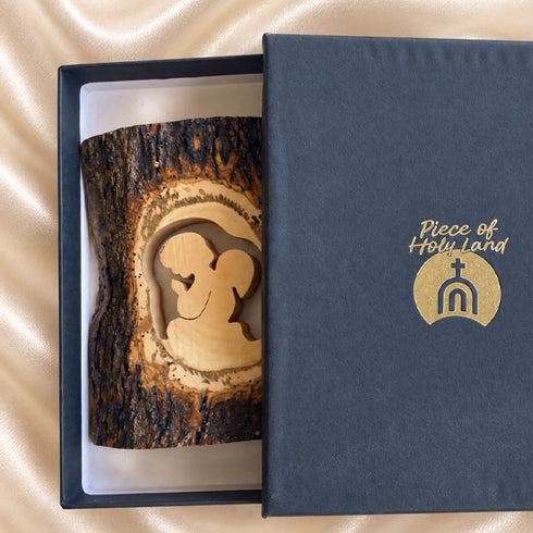 Bethlehem Olive Wood Guardian Angel Plaque in Natural Bark