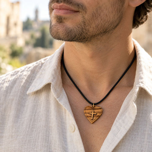 Olive wood heart cross pendant necklace on black cord