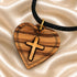 Wooden heart cross pendant with gold cap on black cord