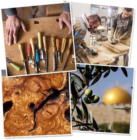 Collage of four images showing an olive wood workshop in Jerusalem with artisans carving and polishing handcrafted pieces.