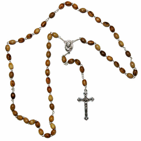 Oval bead handmade olive wood rosary with an iron crucifix, featuring a Mary and baby Jesus iron centrepiece.