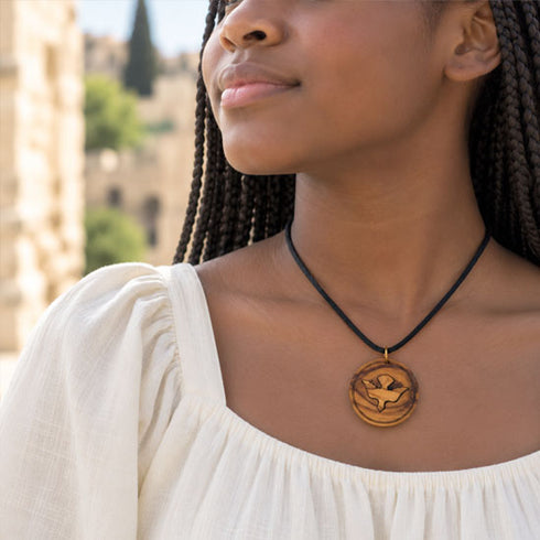 Olive Wood Holy Spirit Dove Medallion Necklace