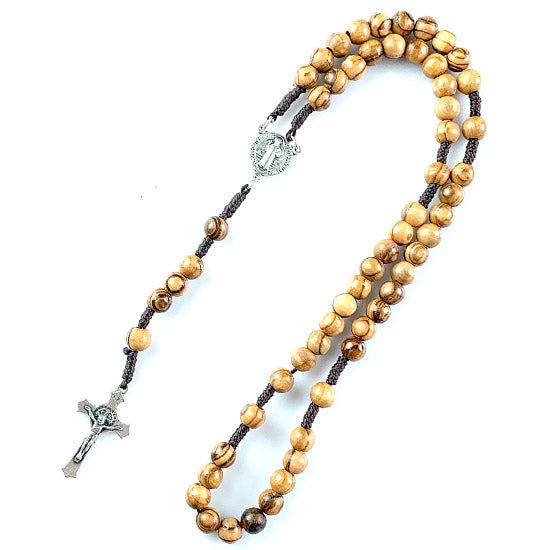 Handmade olive wood rosary with silver crucifix and black cord.