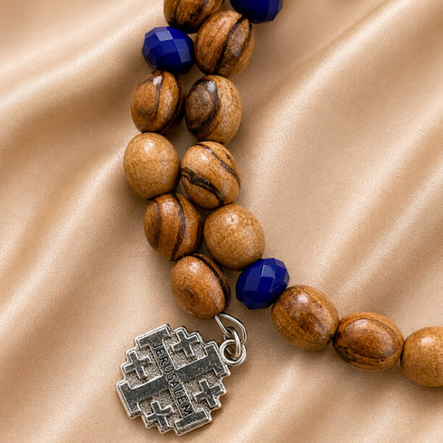 Jerusalem Cross Bracelet with Olive Wood & Blue Crystal