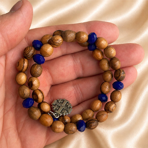 Jerusalem Cross Bracelet with Olive Wood & Blue Crystal
