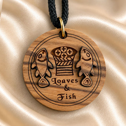 Olive Wood Loaves & Fish Medallion Necklace from the Holy Land