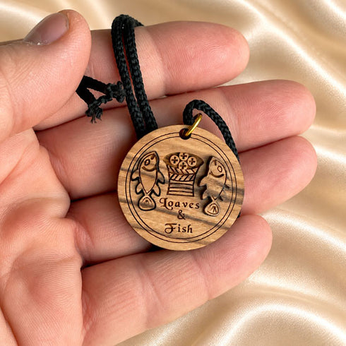 Olive Wood Loaves & Fish Medallion Necklace from the Holy Land