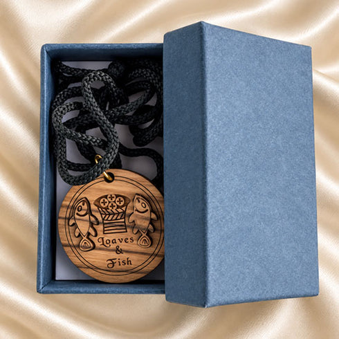 Olive Wood Loaves & Fish Medallion Necklace from the Holy Land