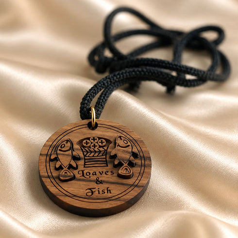 Olive Wood Loaves & Fish Medallion Necklace from the Holy Land