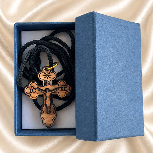 Orthodox cross necklace in blue gift box with black braided cord and pendant