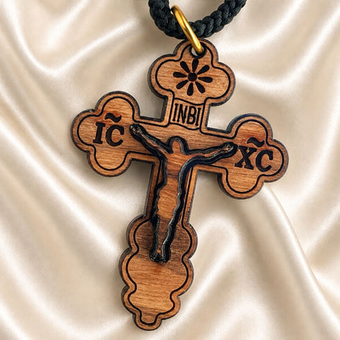 Wood Orthodox cross pendant necklace with black cord and gold-toned loop