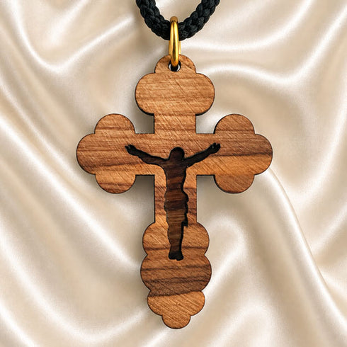Olive-wood cross pendant necklace with black cord and gold-toned clasp