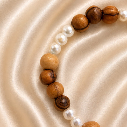 Women’s Olive Wood & Pearl-Tone Christian Bracelet with Cross