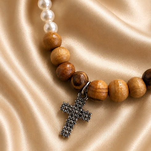 Women’s Olive Wood & Pearl-Tone Christian Bracelet with Cross