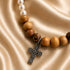 Women’s Olive Wood & Pearl-Tone Christian Bracelet with Cross