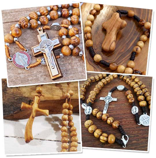 Variety of olive wood rosaries collage