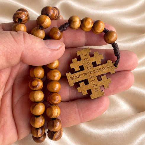 Olive Wood Rosary with Jerusalem Cross