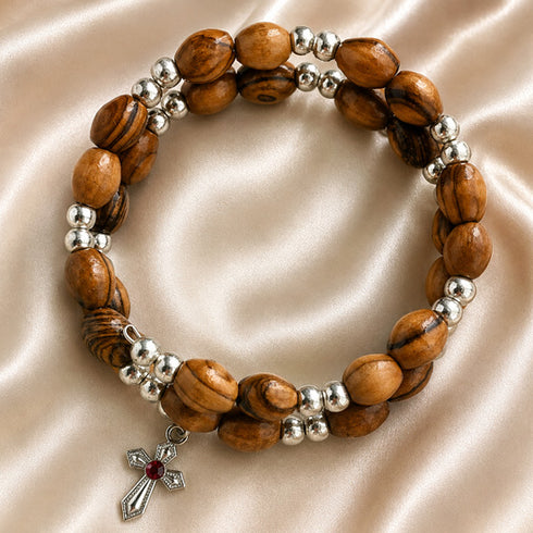 Olive Wood Wrap Bracelet with Silver-Tone Beads & Cross